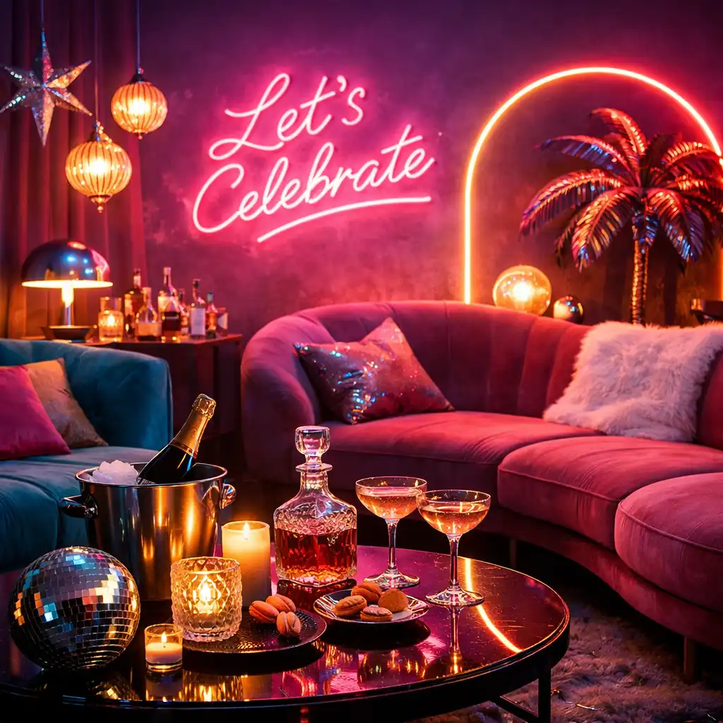 Décor lounge lumineux et rétro-futuriste