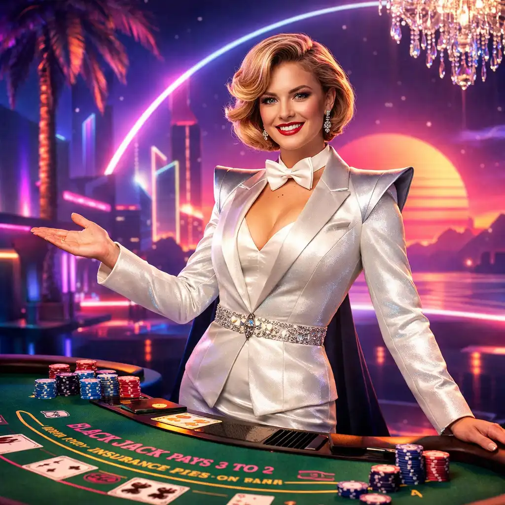 Animateur en tenue rétro-futuriste animant une table de blackjack