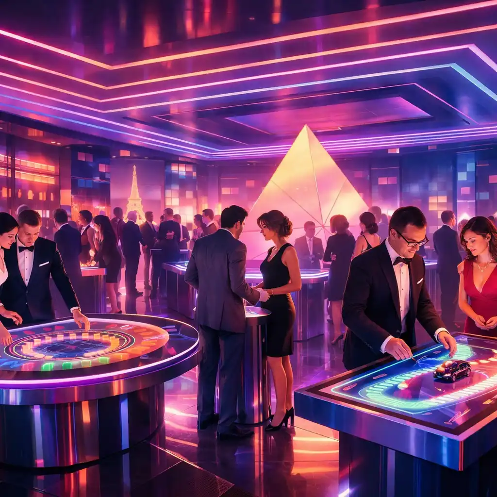 Événement d’entreprise élégant avec ambiance lumineuse rétro-futuriste