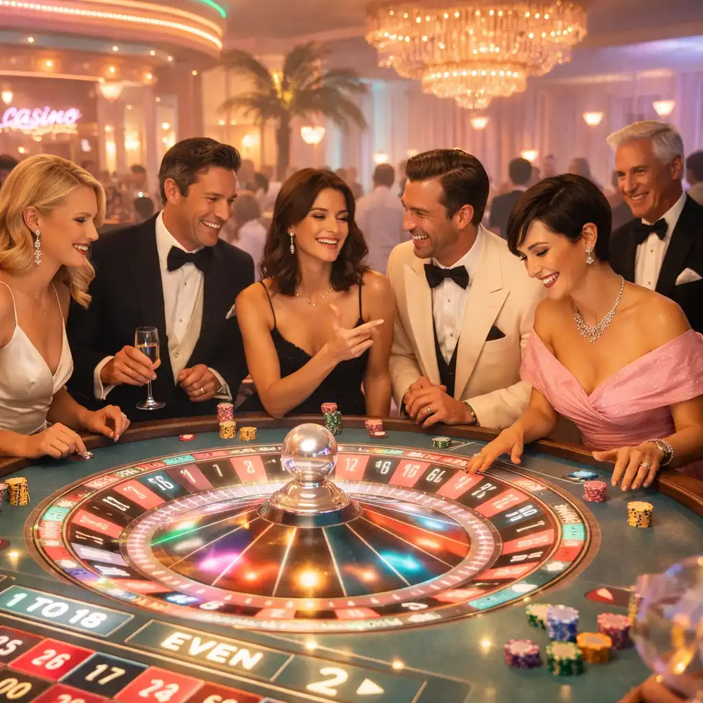 Invités interagissant autour d'une animation roulette immersive